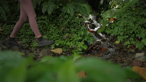 Female-legs-jumping-across-small-water-stream-in-lush-tropical-jungle-hike-trail