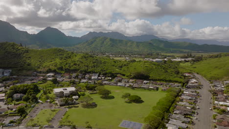 Aerial-over-a-school-and-houses-in-Kailua-on-the-island-of-Oahu-in-Hawaii-on-a-beautiful-day