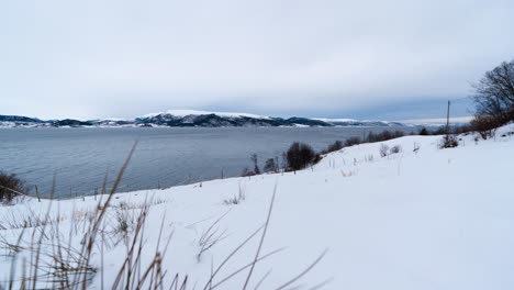 Snowy-Landscape-At-Winter-With-Fjord-And-Mountain-Views-In-Norway