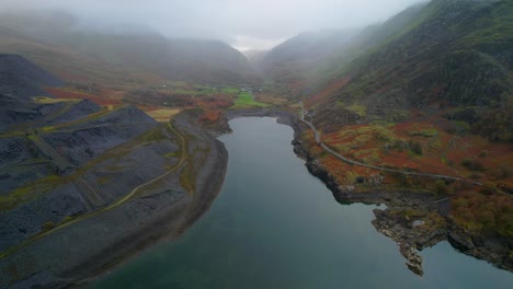 Dinorwic-Quarry-and-Slate-Mining-by-Lake-in-Wales,-UK---Aerial