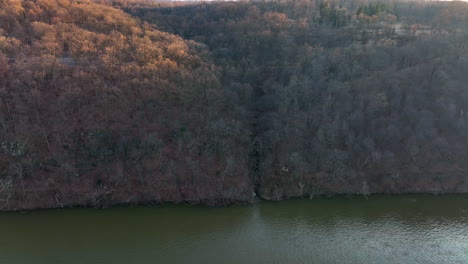 Brauner-Wald-Entlang-Des-Flusses,-Wo-Der-Bach-In-Ein-Größeres-Gewässer-Mündet