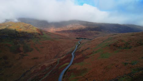 Pen-Y-Pass-Mountain-Road-in-Snowdonia-National-Park,-Wales---Aerial