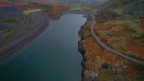 Lake-at-the-Dinorwic-Quarry-in-Beautiful-Wales-Landscape---Aerial