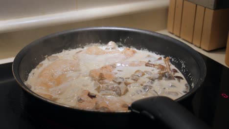 Delicious-Creamy-Chicken-With-Mushrooms-Cooking-In-A-Pan---close-up