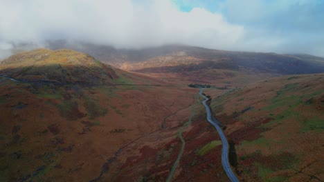 Pen-Y-Pass-Mountain-Pass-in-Snowdonia,-Gwynedd,-Wales---Aerial