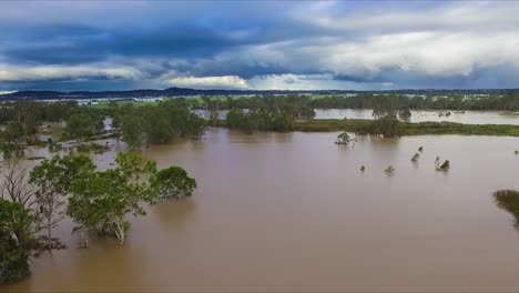 Queensland,-NSW,-Australia,-February-floods---tracking-sideways-over-inundated-bushland-and-dirty-brown-floodwaters-in-suburban-Brisbane,-under-stormy-and-threatening-skies