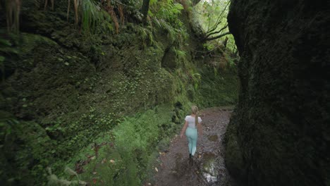 Mujer-Caminando-A-Través-Del-Cañón-De-La-Pared-De-Roca-Cubierta-De-Musgo-En-El-Bosque-Primitivo