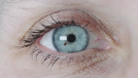 Makro-Nahaufnahme-Türkisblaues-Menschliches-Auge,-Das-Blinzelt-Und-In-Die-Kamera-Starrt