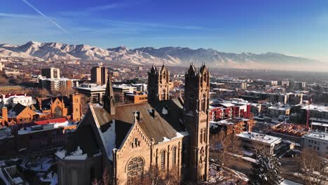 Incredible-Aerial-towards-The-Cathedral-of-the-Madeleine-in-Downtown-Salt-Lake-City-Utah---Beautiful-View