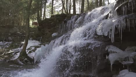 Waterfall-with-ice-formations-in-the-middle-of-a-forest-in-central-Pennsylvania---Rosecrans-Falls