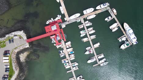 Boats-Docked-at-Rockland-Harbor-in-Maine-|-Aerial-Top-Down-View-Mid-day-|-Summer-2021