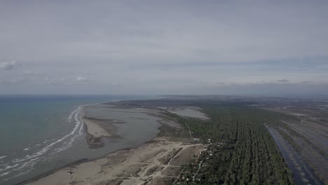 drone-video-over-the-Divjake-Karavasta-nature-park,-frontal-shot-advancing-over-the-shore-of-the-beach-and-the-trees