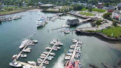 Boats-Docked-at-Rockland-Harbor-in-Maine-|-Aerial-Mid-day-Flyover-|-Summer-2021