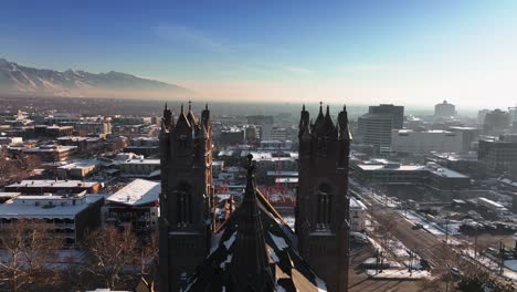 Aerial-Cinematic-Shot-and-City-Reveal-on-top-of-The-Cathedral-of-the-Madeleine-in-Salt-Lake-City-Utah