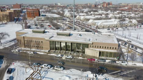 Fixed-Aerial-View-of-Chicago-Police-Building-in-Pilsen-Neighborhood