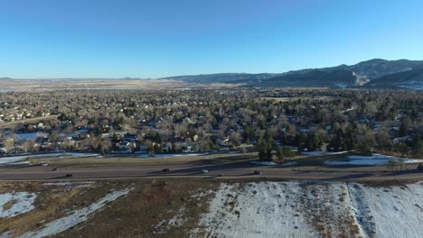 A-drone-shot-captures-commuters-on-a-sunny-afternoon-outside-of-Denver-Colorado