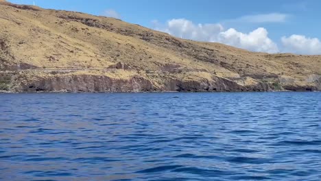 Baby-humpback-whale-calf-spouts-water-and-then-shows-its-fluke-to-a-whale-watching-boat-before-diving-down-under-with-its-mother-in-the-marine-sanctuary-in-Maui,-Hawaii-