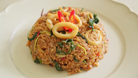 Gebratener-Reis-Mit-Tintenfisch-Und-Basilikum-Spiegelei-Im-Thailändischen-Stil---Asiatischer-Essensstil