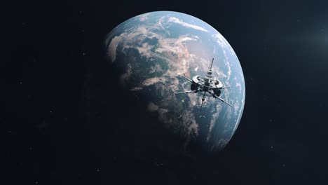 Acercándose-A-La-Tierra-Y-A-La-Estación-Espacial-Giratoria-Futurista-En-órbita