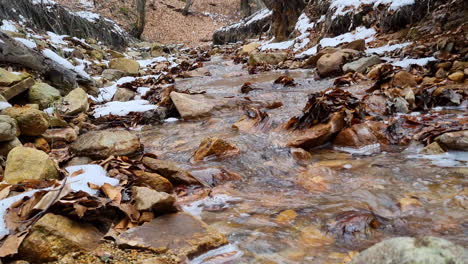 Zigzag-water-stream-on-a-small-creek-in-the-woods-during-snowfall-in-winter
