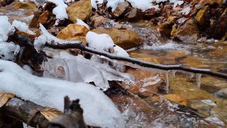 Close-up-of-frozen-branch-covered-with-ice-and-Icicles-fell-over-a-small-forest-river-in-winter