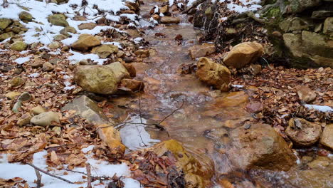 Small-creek-water-stream-in-the-woods-on-a-snowy-winter-day