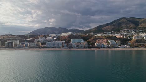 Aerial-panoramic-view-of-Benalmadena,-south-of-Spain,-on-a-cloudy-day
