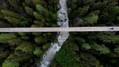 Top-down-aerial-view-of-a-hiker-walking-across-a-suspension-bridge-high-up-above-Rhone-river-valley-in-Valais,-Switzerland-at-Goms-Bridge