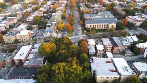 Historic-Tree-lined-Monument-Avenue-in-Richmond,-Virginia-|-Aerial-View-Panning-Up-|-Fall-2021