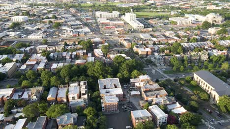 Arthur-Ashe-Boulevard,-Monument-Avenue,-and-Broad-Street-in-Richmond,-Virginia-|-Aerial-Flyover-View-|-Summer-2021