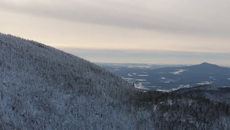 Montañas-Invernales-Con-Densos-Matorrales-Contra-El-Cielo-Sombrío-En-El-Este-De-Quebec,-Canadá