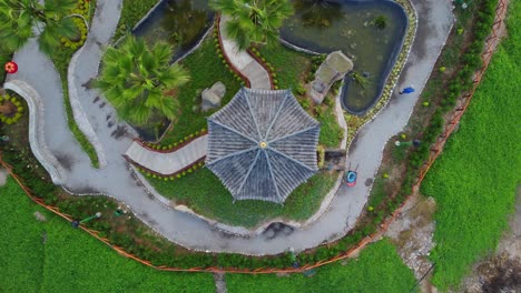 Drone-4k-footage-of-a-chinese-themed-public-park-in-Lima,-Peru