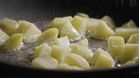 Potato-Dices-Frying-in-a-Pan,-Adding-Salt-and-Paprika,-Vegetarian-Food