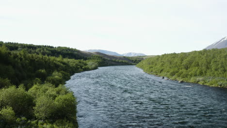 AERIAL---Fnjoska-river,-Vaglaskogur,-Fnjoskadalur,-Iceland,-wide-lowering-shot
