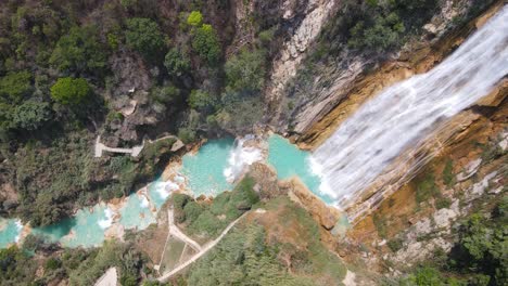 Aerial:-El-Chiflon-Waterfall-cascading-down-mountain-in-Chiapas-Mexico,-top-down