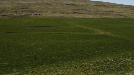 AERIAL---Beautiful-green-hills,-Hvitserkur,Vatnsnes,-Iceland,-wide-shot-forward