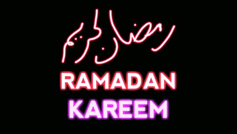Luces-De-Letrero-De-Neón-Animación-De-Texto-De-Ramadan-Kareem-Sobre-Fondo-Negro,-Brillante,-Parpadeante-Ramadan-Kareem-Fondo-De-Texto-De-Neón-Concepto-De-Ramadan-Kareem,-Animación-4k