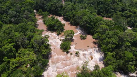 Agua-Azul-waterfalls-after-heavy-rainfall,-Chiapas-Mexico,-4K-aerial-view-flood