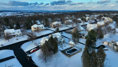 Beautiful-winter-snow-aerial-of-American-suburbia