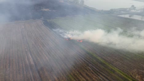 Aerial-footage-towards-and-above-a-burning-grassland-ready-for-farming,-Grassland-Burning,-Pak-Pli,-Nakhon-Nayok,-Thailand