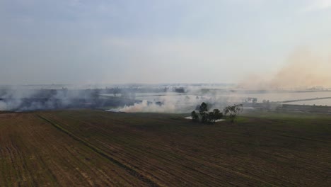 Ascending-aerial-footage-of-this-farmland-burning-creating-pollution,-Pak-Pli,-Nakhon-Nayok,-Thailand