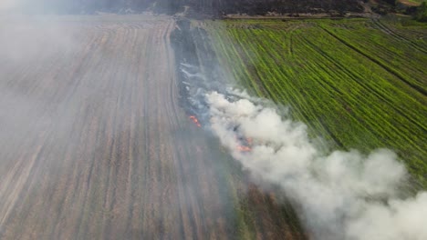 Steady-aerial-footage-then-moves-over-the-burning-grass-in-Pak-Pli,-Nakhon-Nayok,-Thailand