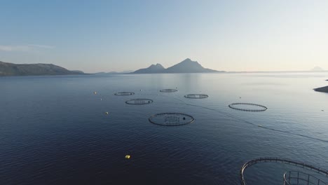 Runde-Fischfarmen-In-Blau-Des-Wassers-In-Der-Nähe-Der-Norwegischen-Küste,-Luftbild