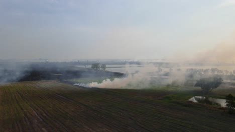 Ascending-aerial-footage-from-a-different-angle-of-this-famrland-burning-revealing-trees-and-ponds-in-the-distance,-Grassland-Burning,-Pak-Pli,-Nakhon-Nayok,-Thailand