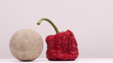 Textured-round-stone-resembling-the-moon-rotating-around-a-dried-up-vibrant-red-bell-pepper-with-green-stem-and