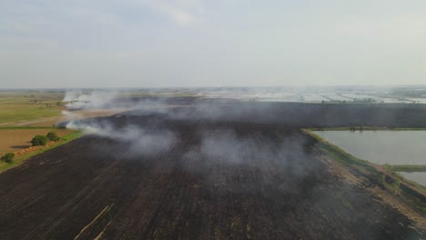 Reverse-aerial-footage-of-charred-farmlands-with-smoke-blown-to-the-right-as-the-landscape-reveals,-Grassland-Burning,-Pak-Pli,-Nakhon-Nayok,-Thailand