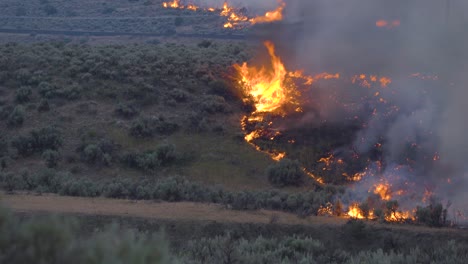 Grassland-fires,-burning-in-the-highlands-of-California,-evening-time-in-America