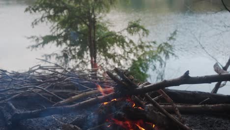 Orange-Flames-From-Wood-Sticks-At-Campfire-With-Pan-Up-Reveal-Beside-River