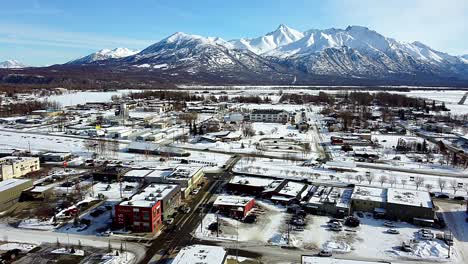 4k-30-fps-aerial-video-of-downtown-Palmer,-Alaska-in-the-Winter