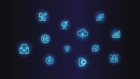 5G-Electronics-and-Digital-Icons-Appearing-and-Floating-on-Dark-Blue-Neon-Background